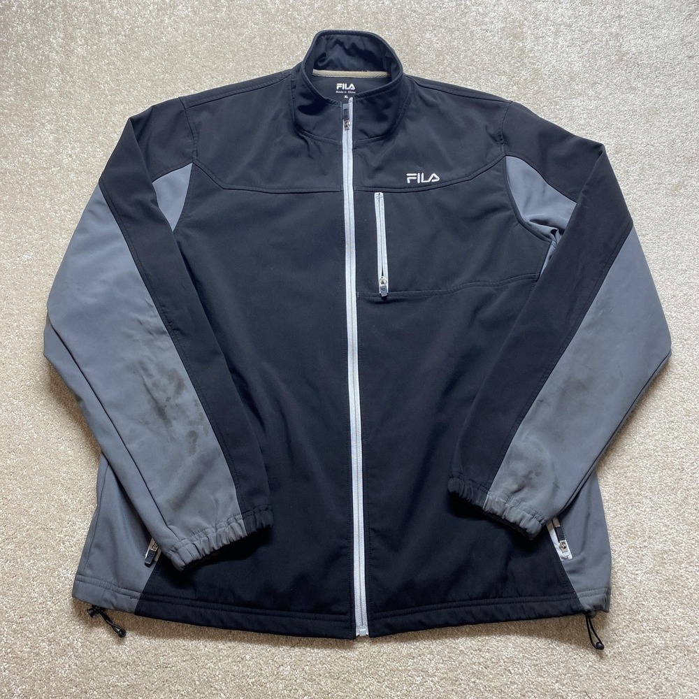 Fila Jacket Mens XL Black Gray Full Zip Outdoor Windbreaker Pockets Polyester